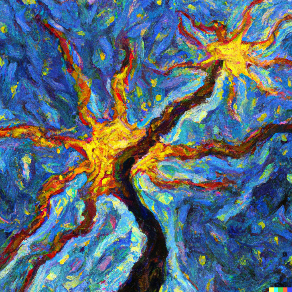 an oil painting of a firing neuron in the style of Van Gogh